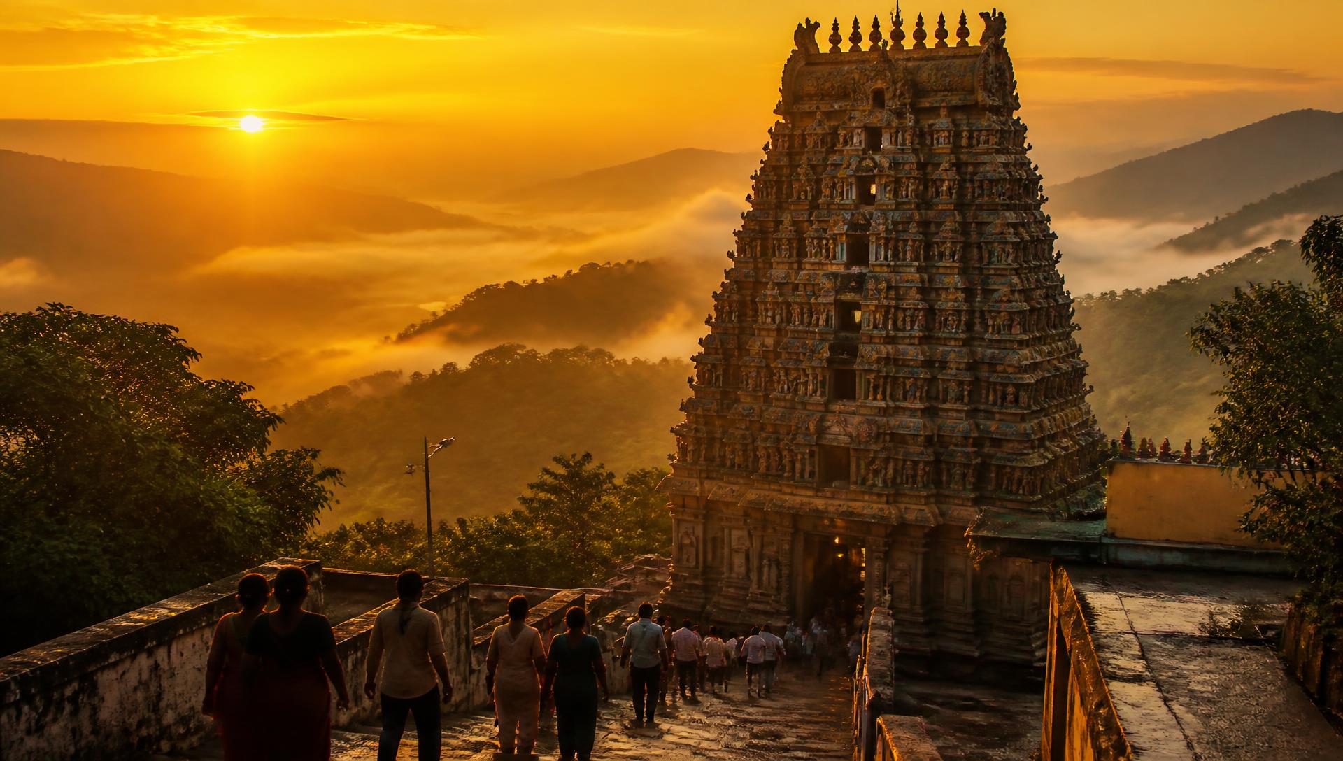 Pilgrims walking towards a South Indian hill temple gopuram at sunrise